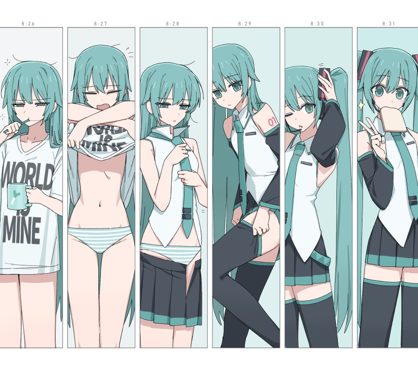 1girl adjusting_clothes adjusting_legwear adjusting_necktie aqua_eyes aqua_hair aqua_necktie aqua_panties arm_tattoo bare_shoulders black_skirt black_thighhighs bread bread_slice brushing_teeth channel_(caststation) clothes_lift clothes_writing collared_shirt commentary cup dressing duplicate english_commentary feet_out_of_frame flat_chest food food_in_mouth hair_down half-closed_eyes hand_up hatsune_miku highres holding holding_cup lifting_own_clothes long_hair looking_at_viewer messy_hair midriff miniskirt mouth_hold mug multiple_views narrow_waist navel necktie number_tattoo oversized_clothes oversized_shirt pale_skin panties pixel-perfect_duplicate pleated_skirt posing print_mug print_shirt shirt shirt_lift short_sleeves shoulder_tattoo skinny skirt sleepy sleeveless sleeveless_shirt song_name spring_onion_print squeans standing stomach striped_clothes striped_panties tattoo thigh_gap thighhighs time_lapse timestamp toast toast_in_mouth toothbrush toothbrush_in_mouth twintails tying_hair underwear undressing v very_long_hair vocaloid white_panties white_shirt world_is_mine_(vocaloid) yawning zettai_ryouiki
