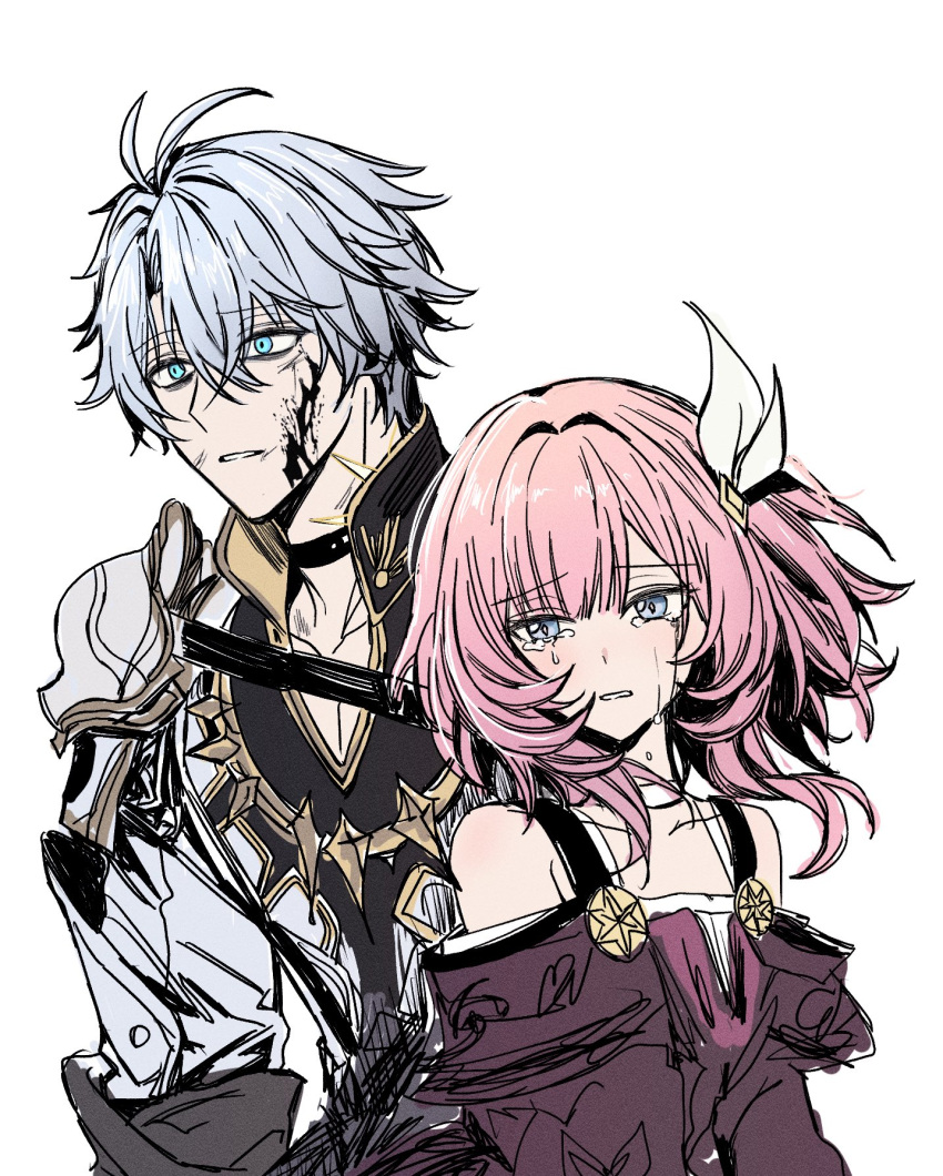 1boy 1girl ahoge black_choker blood blood_on_face blue_eyes choker coat collarbone crying cyrene_(honkai:_star_rail) dress gold_tattoo hair_ornament hashtag-only_commentary highres honkai:_star_rail honkai_(series) ilsijeongj2213 medium_hair neck_tattoo parted_lips phainon_(honkai:_star_rail) pink_hair purple_coat short_hair streaming_tears tattoo tears upper_body white_coat white_dress white_hair