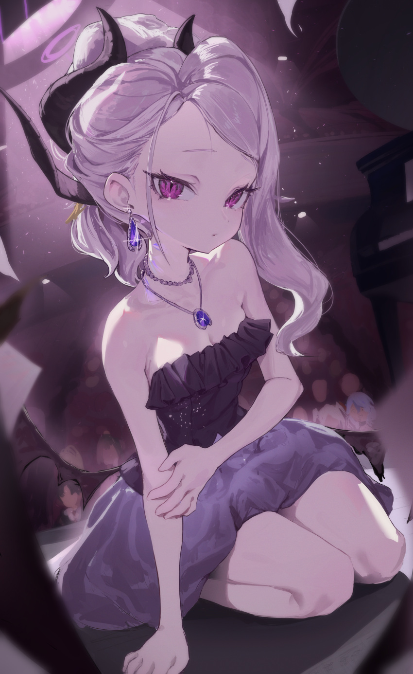 1girl absurdres apopo arm_support backlighting bare_shoulders black_horns blue_archive blurry breasts cleavage collarbone commentary_request curved_horns demon_girl demon_horns demon_wings depth_of_field dress dutch_angle earrings evening_gown eyelashes floating_earrings forehead frilled_dress frills full_body halo head_tilt highres hina_(blue_archive) hina_(dress)_(blue_archive) horns indoors jewelry korean_commentary long_hair looking_at_viewer low_wings multiple_horns necklace official_alternate_costume official_alternate_hairstyle parted_bangs pendant ponytail purple_dress purple_eyes sidelocks sitting slit_pupils small_breasts solo strapless strapless_dress tsurime wariza white_hair wings