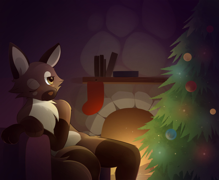 absurd_res anthro b-epon braddo canine christmas clothing festive fire fireplace fox half_asleep hi_res holidays kito_(thepickyfurry) legwear mammal shelf stockings stone tired warm