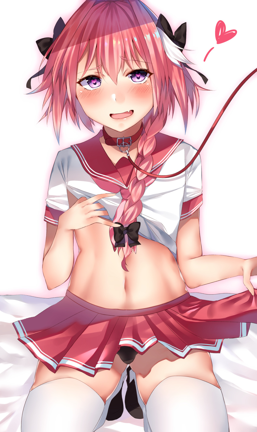 :d absurdres ass_visible_through_thighs astolfo_(fate) bangs bed_sheet belt_collar black_bow black_footwear black_panties blush bow braid bulge commentary_request crop_top eyebrows_visible_through_hair eyelashes fang fate/apocrypha fate/grand_order fate_(series) furrowed_eyebrows hair_between_eyes hair_bow hair_intakes hair_over_shoulder half-closed_eyes hands_up heart heart-shaped_pupils highres kneeling leash leash_pull lifted_by_self lips loafers long_hair looking_at_viewer male_focus miniskirt multicolored_hair naughty_face navel neckerchief nekoruri open_mouth otoko_no_ko panties parted_bangs penis_in_panties pink_hair pink_neckwear pleated_skirt purple_eyes red_collar red_sailor_collar red_skirt sailor_collar school_uniform serafuku shiny shiny_hair shirt shirt_lift shoes simple_background single_braid skindentation skirt skirt_lift sleeve_cuffs smile solo spoken_heart stomach streaked_hair symbol-shaped_pupils thighhighs thighs two-tone_hair underwear white_background white_hair white_legwear white_shirt