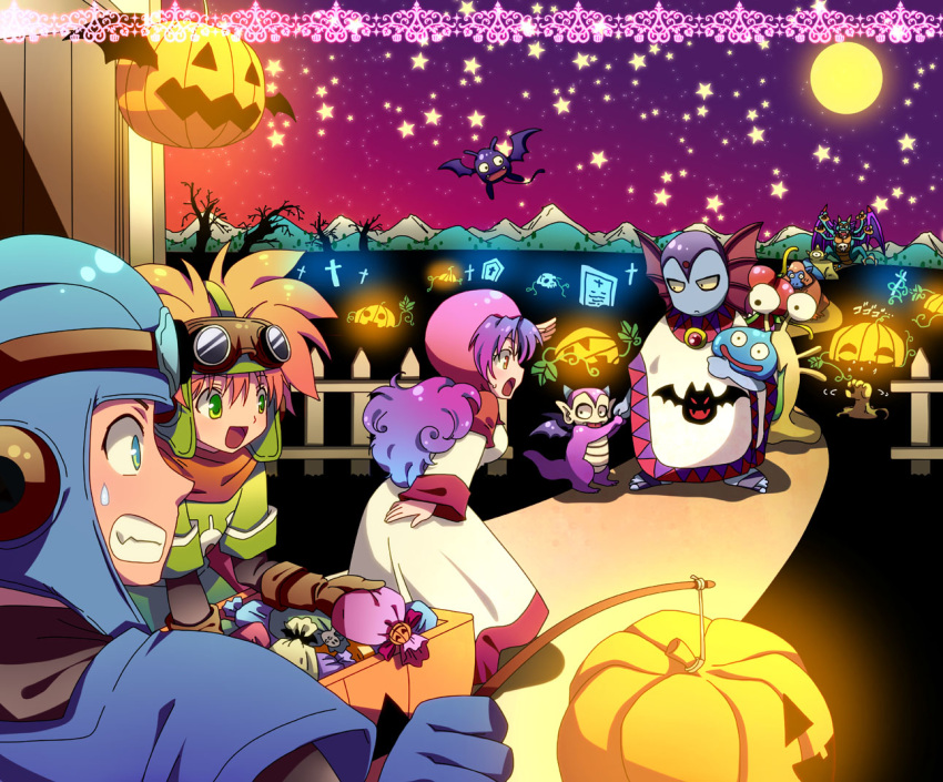 blonde_hair bodysuit born_free cape commentary_request dragon_quest dragon_quest_ii drakee goggles goggles_on_head goggles_on_headwear halloween hargon hood jack-o'-lantern long_hair multiple_boys prince_of_lorasia prince_of_samantoria princess_of_moonbrook purple_hair robe short_hair slime_(dragon_quest) spiked_hair white_robe