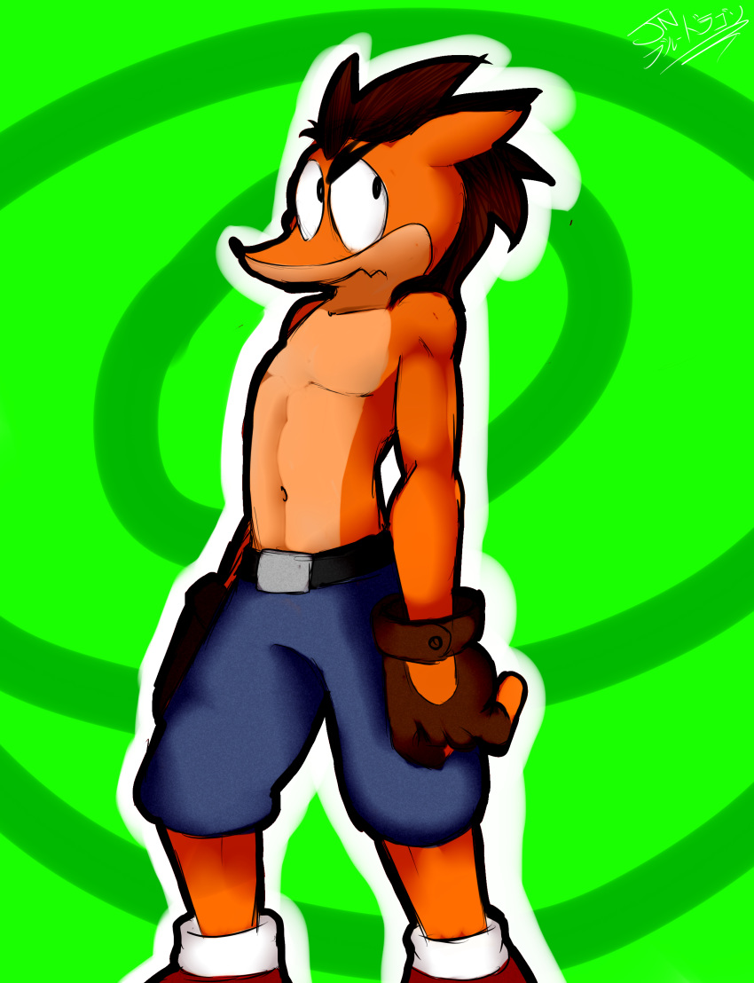 2016 absurd_res anthro bandicoot belt clothed clothing crash_bandicoot crash_bandicoot_(series) digital_drawing_(artwork) digital_media_(artwork) fingerless_gloves gloves green_background hi_res jaynatorburudragon male mammal marsupial outline signature simple_background solo standing topless video_games