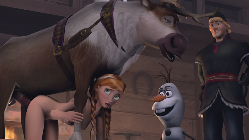 16:9 3d_(artwork) all_fours animate_inanimate antlers balls being_watched bestiality blue_eyes breasts cervine digital_media_(artwork) disney doggystyle erection female female_on_feral feral from_behind_position frozen_(movie) fur group hair horn human human_on_feral interspecies kristoff_(frozen) long_hair male male/female mammal nipples nude olaf_(frozen) penetration penis princess_anna_(frozen) red_hair reindeer sex shitty_horsey source_filmmaker sven_(frozen) voyeur