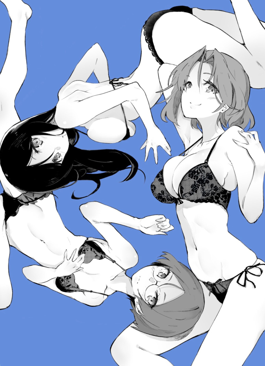 arm_up armpits ass azumi_(girls_und_panzer) bare_arms bare_shoulders barefoot blue_background bra breast_press breasts character_name cleavage closed_mouth covered_nipples feet_out_of_frame frilled_panties frills frown girls_und_panzer glasses hand_on_own_shoulder hand_up hands highres lace lace-trimmed_panties lace_bra large_breasts lingerie long_hair looking_at_viewer looking_to_the_side megumi_(girls_und_panzer) monochrome multiple_girls muteki_soda navel panties rumi_(girls_und_panzer) short_hair shoulder_blades side-tie_panties sideboob simple_background skindentation small_breasts smile spread_legs stomach strap_gap tareme thighs top-down_bottom-up underwear underwear_only wavy_mouth