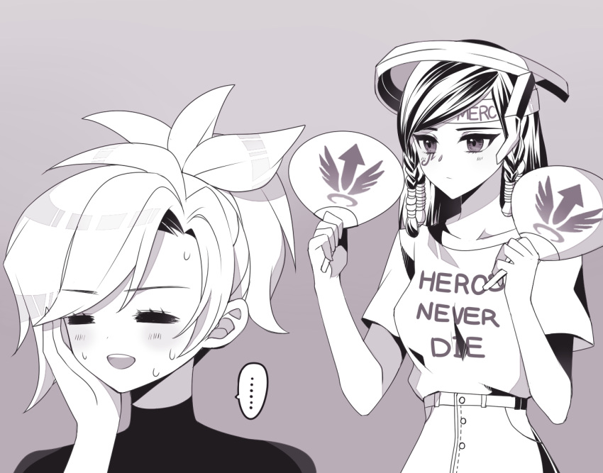 atobesakunolove bangs black_hair blush braid buttons chinese_commentary clothes_writing collarbone commentary_request eye_of_horus eyeliner facial_mark facial_tattoo fan hair_tubes hand_on_own_cheek hand_on_own_face headband headgear holding holding_fan makeup mechanical_halo mercy_(overwatch) monochrome overwatch paper_fan pharah_(overwatch) ponytail shirt short_hair short_sleeves side_braids simple_background skirt smile solo sweatdrop swept_bangs tattoo turtleneck uchiwa upper_body