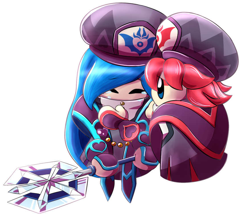 2girls axe beret blue_eyes blue_hair crying disembodied_hands disembodied_limb eyes_closed flamberge_(kirby) francisca_(kirby) hat kirby:_star_allies kirby_(series) long_hair multiple_girls red_hair robe shiny shiny_hair short_hair tears transparent_background very_long_hair weapon