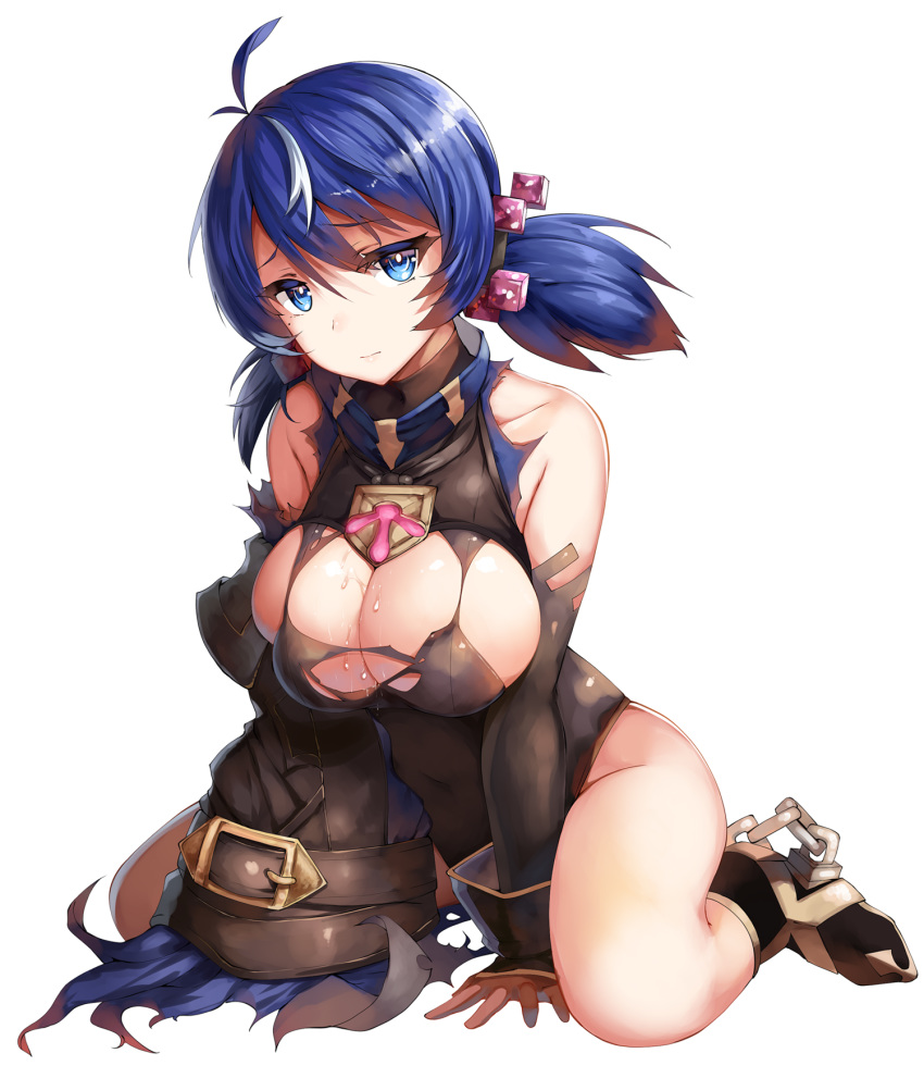 bad_anatomy bangs bare_shoulders black_leotard blue_eyes blue_hair breasts chain cleavage cleavage_cutout commentary_request covered_navel detached_sleeves eyebrows_visible_through_hair hair_ornament highres hips large_breasts leotard lolicept looking_at_viewer phantom_of_the_kill simple_background sitting skindentation solo sweat swept_bangs thighs torn_clothes vegalta_(phantom_of_the_kill) wariza white_background