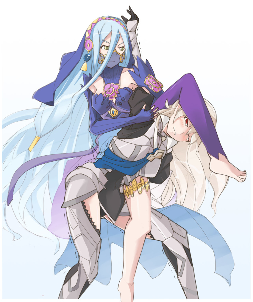 aqua_(fire_emblem_if) armor bare_shoulders barefoot blue_hair blush cape dress female_my_unit_(fire_emblem_if) fire_emblem fire_emblem_heroes fire_emblem_if gloves hair_between_eyes hair_ornament hairband highres jaegan long_hair mamkute multiple_girls my_unit_(fire_emblem_if) pointy_ears silver_hair simple_background smile submission_hold veil white_hair wrestling yellow_eyes