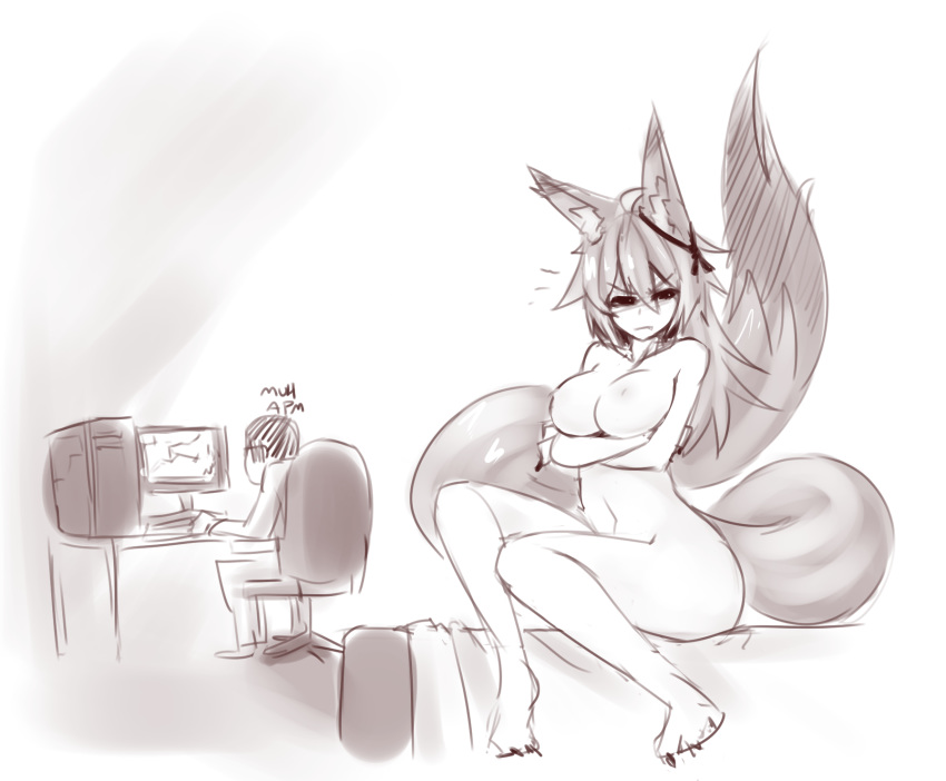 2016 animal_humanoid bed breasts butt canine chair clothed clothing computer crossed_arms duo ear_ornament female fox_humanoid frown fully_clothed glare hair human humanoid inner_ear_fluff inside long_hair long_tail male mammal momo_(sub-res) monochrome nipples nude simple_background sitting sketch sub-res white_background