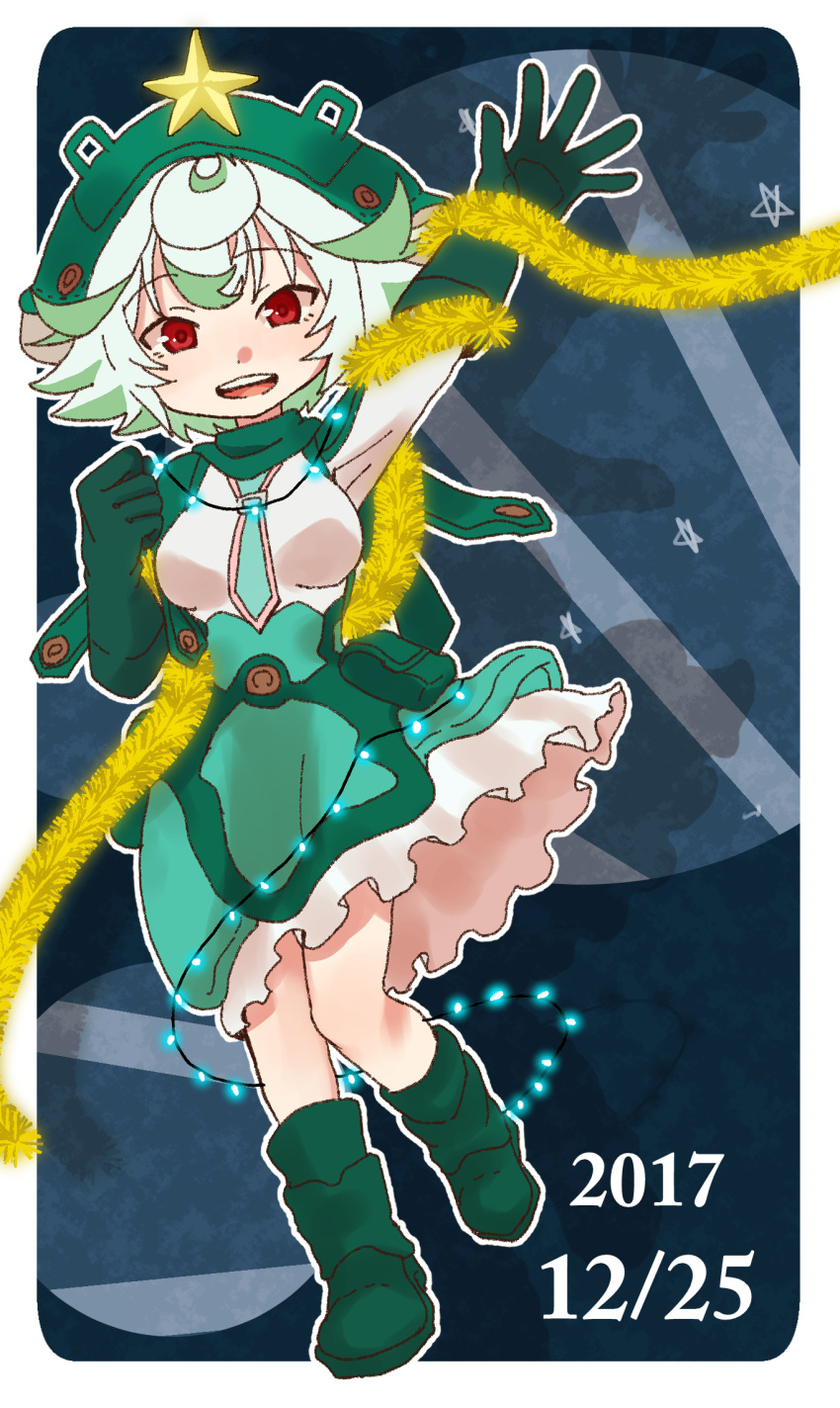 :d bangs blush boots christmas_lights christmas_ornaments dated dress eyebrows_visible_through_hair full_body gloves green_dress green_footwear green_gloves green_hair green_hat hand_up hat highres looking_at_viewer made_in_abyss open_mouth prushka red_eyes short_hair smile solo standing standing_on_one_leg star usuki_(usukine1go) waving