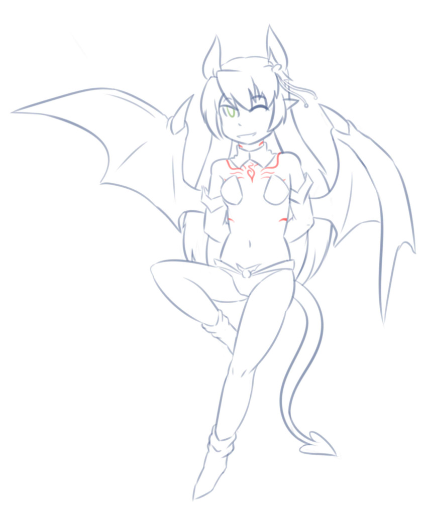 bat_wings breasts clothed clothing demon demon_wings female flat_chested footwear hair hands_behind_back hi_res humanoid line_art long_hair looking_at_viewer membranous_wings monster_girl monster_girl_(genre) monster_girl_quest navel not_furry one_eye_closed partially_clothed pigtails pointy_ears race_swap simple_background sketch skimpy small_breasts smile solo spade_tail spread_wings succubus tamamo tattoo thundragon video_games white_background wings