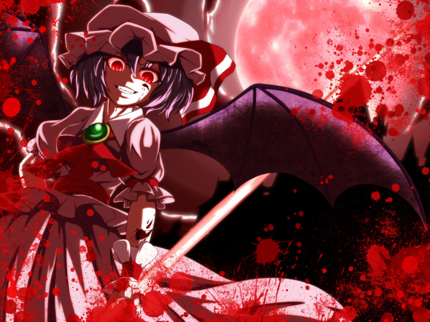 bat_wings blood blood_splatter blue_hair commentary_request evil evil_eyes evil_smile fangs grin highres looking_down moon red_eyes red_moon remilia_scarlet shimomu_(shimom2) short_hair smile touhou wings
