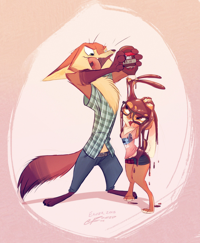 2018 3_toes absurd_res annoyed anthro belt bottle brown_eyes brown_fur canine chest_tuft chocolate_syrup clothed clothing dipstick_tail disney duo easter eyewear female fox fur glasses gloves_(marking) grainy green_eyes hershey's_syrup hi_res holidays jeans lagomorph licking licking_lips lilo_and_stitch male mammal markings multicolored_tail open_mouth orange_fur pants plaid pointedfox pointedfox_(character) pouring rabbit shirt shorts signature simple_background small_tail stitch t-shirt tartan_clothing toes tongue tongue_out tuft v-neck