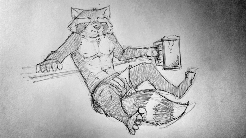 16:9 anthro barefoot boxers_(clothing) clothed clothing cup front_view frown greyscale grumpy guardians_of_the_galaxy holding_cup k-9 male mammal marvel monochrome nipples pecs pencil_(artwork) procyonid raccoon reclining rocket_raccoon sitting solo topless traditional_media_(artwork) underwear