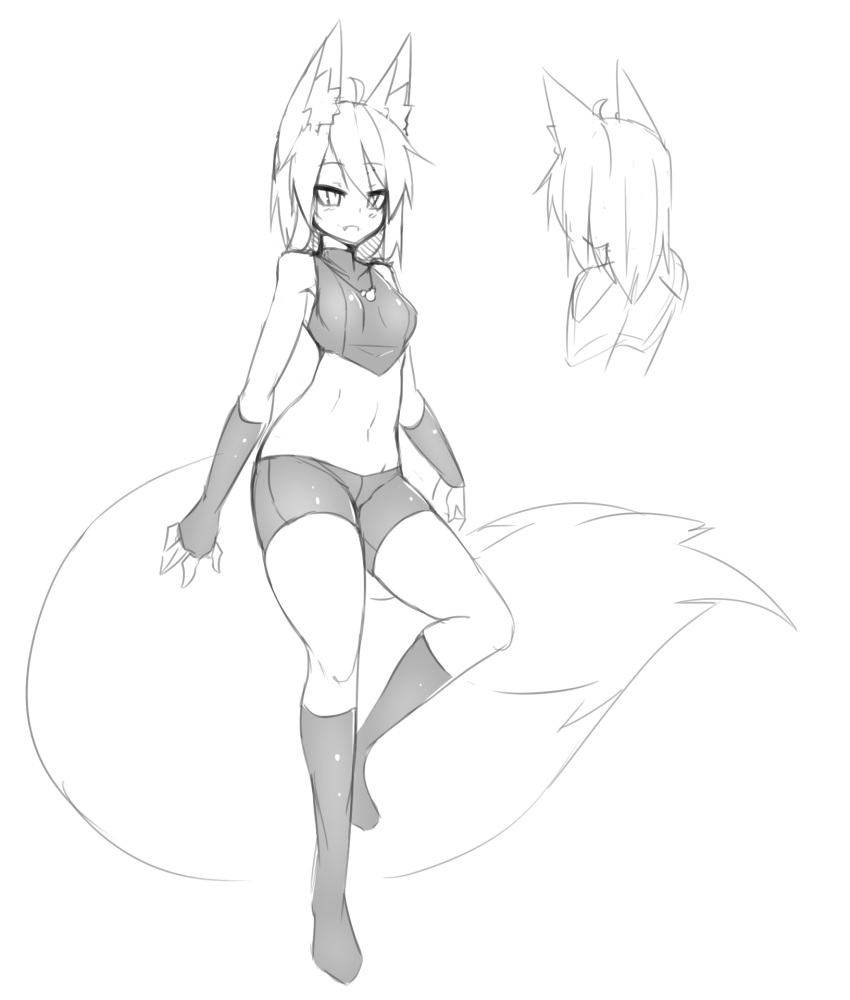 2017 animal_humanoid big_tail breasts canine clothed clothing crop_top female fingerless_gloves fluffy fluffy_tail fox_humanoid gloves hair hi_res huge_tail humanoid inner_ear_fluff jewelry legwear mammal midriff model_sheet monochrome navel necklace open_mouth shirt shorts simple_background sketch skinny slim slit_pupils small_breasts socks solo standing sub-res suzu_(sub-res) tight_clothing white_background wide_hips