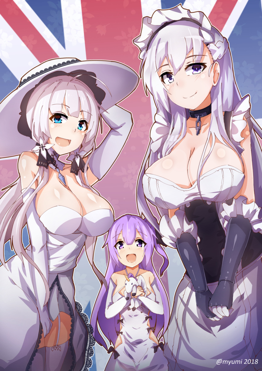 :d ahoge azur_lane bangs belfast_(azur_lane) black_bow black_ribbon blue_eyes blush bow breasts cleavage closed_mouth commentary criss-cross_halter detached_sleeves dress elbow_gloves eyebrows_visible_through_hair flag_background gloves hair_between_eyes hair_bun hair_ribbon halterneck hat highres illustrious_(azur_lane) large_breasts long_hair long_sleeves maid_headdress multiple_girls myumi object_hug one_side_up open_mouth purple_eyes purple_hair ribbon side_bun silver_hair smile strapless strapless_dress stuffed_animal stuffed_pegasus stuffed_toy stuffed_unicorn twitter_username unicorn_(azur_lane) union_jack very_long_hair white_dress white_gloves white_hat