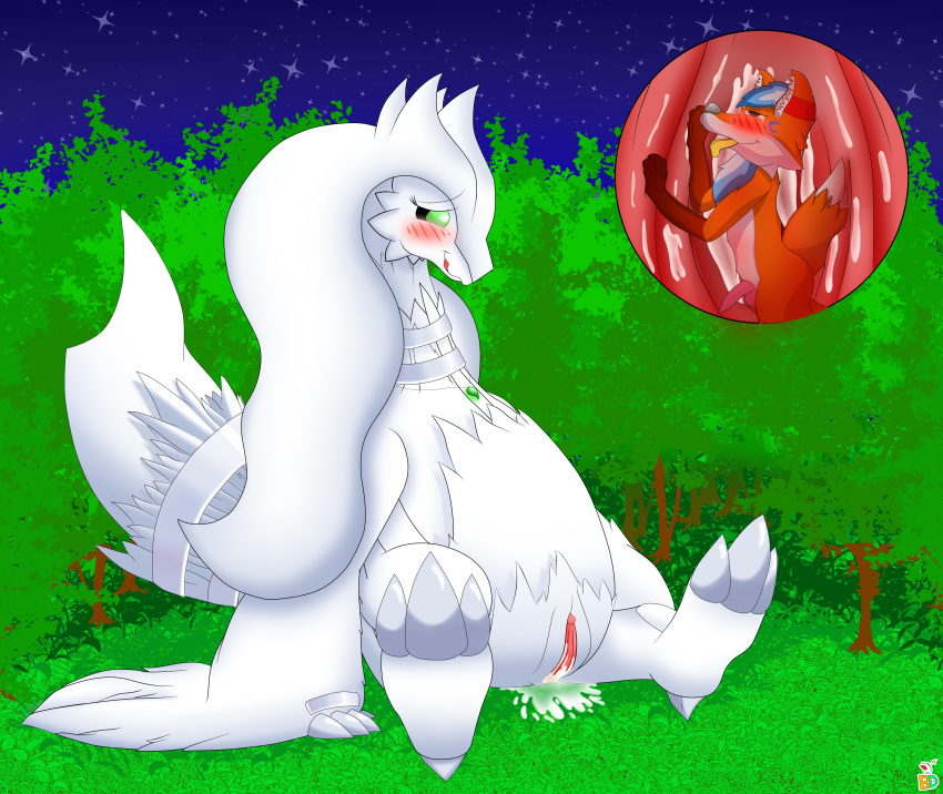 anthro bds_charmeleon blush canine cum digital_media_(artwork) female femcum feral fluffy fluffy_tail forest fox full_body full_view fur gerald green_eyes hair hi_res interspecies invalid_tag leaking legendary_pok&eacute;mon licking long_hair love mammal nervous nintendo open_mouth orange_fur overweight pok&eacute;mon pok&eacute;mon_(species) pok&eacute;philia pussy remadi reshiram shy tongue tongue_out tree unbirthing video_games vore white_fur