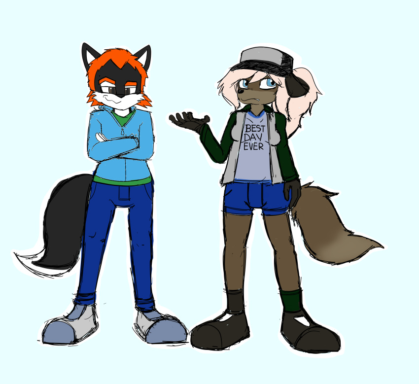 2016 5_fingers absurd_res anthro biped black_ears black_footwear black_fur black_hat black_headwear black_nose black_shoes black_tail blue_background blue_bottomwear blue_clothing blue_eyes blue_hoodie blue_shorts blue_topwear bottomwear brown_eyes brown_fur brown_tail canine clothed clothing colored_sketch crossed_arms dipstick_tail dirtyscoundrel duo english_text fingers flint_(dourdoofus) footwear fox front_view fully_clothed fur green_clothing green_shirt green_topwear hair hat headwear hi_res hoodie jeans looking_at_viewer mammal michelle_(dourdoofus) multicolored_clothing multicolored_footwear multicolored_fur multicolored_shoes multicolored_tail multicolored_topwear orange_hair pants shirt shoes shorts simple_background sketch standing text topwear two_tone_clothing two_tone_footwear two_tone_fur two_tone_shoes two_tone_tail two_tone_topwear white_hair