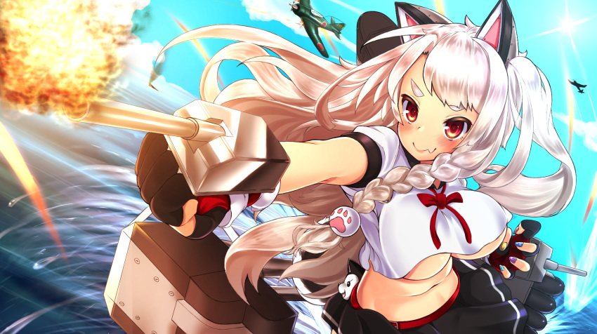 animal_ears aruto_(shake_onigiri) azur_lane black_gloves black_skirt blue_sky blush braid breasts clenched_hand closed_mouth crop_top crop_top_overhang day explosion fake_animal_ears fang_out fingerless_gloves fire firing gloves highres large_breasts long_hair navel ocean outstretched_arm red_eyes red_ribbon ribbon rigging shiny shiny_hair single_braid skirt sky smile solo stuffed_animal stuffed_toy stuffed_wolf torpedo_tubes underboob very_long_hair water white_hair yuudachi_(azur_lane)
