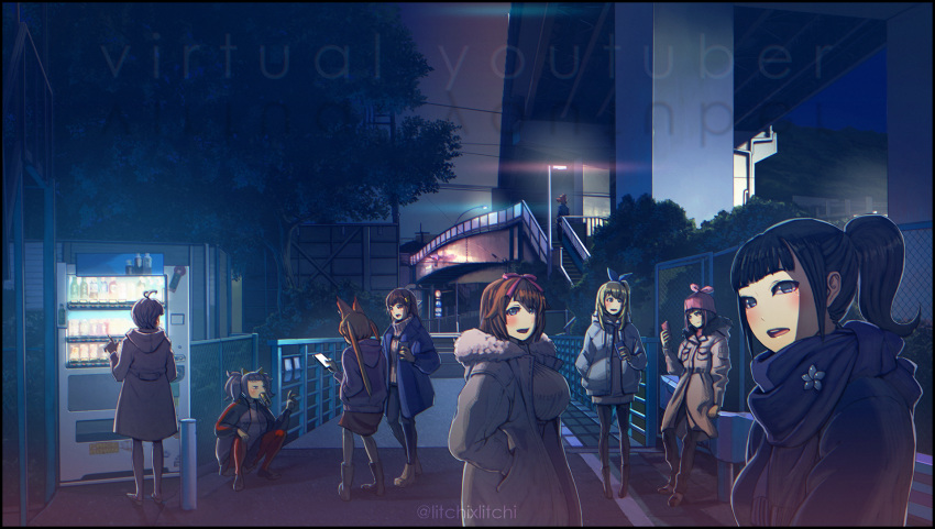 6+girls a.i._channel ahoge animal_ears aoi_ch. bacharu_(youtube) backlighting beanie black_hair blonde_hair blue_bow blue_eyes blue_suit blush boots bow brown_hair can cellphone coat commentary dansei_virtual_youtuber_bacharu dennou_shoujo_youtuber_shiro fence fox_ears fuji_aoi fujisaki_yua gloves hair_bow hair_ornament hair_ribbon hairclip hand_in_pocket hat highres horse_mask kaguya_luna kaguya_luna_(character) kemomimi_oukoku_kokuei_housou kizuna_ai lamppost looking_at_viewer mikoko_(kemomimi_oukoku_kokuei_housou) mirai_akari mirai_akari_project mouth_hold multiple_girls orange_hair outdoors phone pink_hoodie pink_ribbon ponytail raichi_(litchixlitchi) ribbon road road_sign scarf shiro_(dennou_shoujo_youtuber_shiro) short_hair sign silver_hair skirt smartphone squatting stairs street sweater text_focus tokino_sora tokino_sora_channel tree turtleneck turtleneck_sweater twintails twitter_username vending_machine virtual_youtuber yua_(youtube)