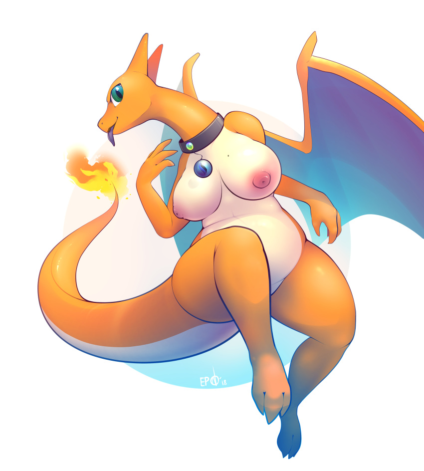 anthro areola b-epon big_breasts braddo breasts charizard collar dragon female invalid_tag looking_at_viewer mature_female mega_stone nintendo nipples oc: pok&eacute;mon pok&eacute;mon_(species) puffy_nipples reptile scalie shard simple_background slightly_chubby solo stomach thick_thighs tongue tongue_out video_games voluptuous white_background