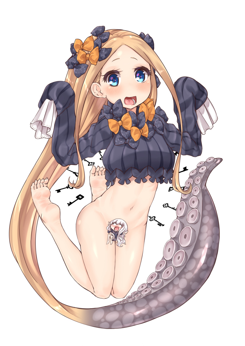 abigail_williams_(fate/grand_order) absurdly_long_hair absurdres bangs barefoot black_bow black_dress blonde_hair blue_eyes blush bottomless bow bug butterfly censored character_censor commentary_request dress fate/grand_order fate_(series) feet forehead full_body groin hair_bow hands_up highres insect key lavinia_whateley_(fate/grand_order) long_hair long_sleeves looking_at_viewer makano_mucchi navel no_hat no_headwear novelty_censor open_mouth orange_bow parted_bangs polka_dot polka_dot_bow silver_hair simple_background sleeves_past_fingers sleeves_past_wrists soles solo suction_cups tentacle_hair tentacles toenails very_long_hair white_background