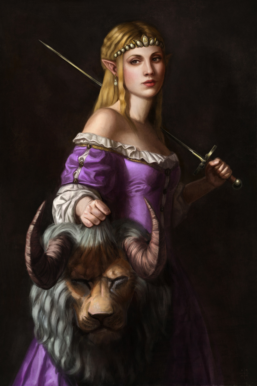 astor_alexander bare_shoulders blonde_hair breasts commentary dark_background dress faux_traditional_media fine_art_parody highres horns looking_at_viewer lynel medium_breasts over_shoulder parody pointy_ears princess_zelda purple_dress realistic severed_head solo sword the_legend_of_zelda tiara weapon weapon_over_shoulder