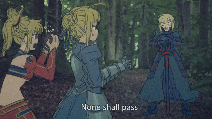 ahoge armor armored_dress artoria_pendragon_(all) blonde_hair bow braid coconut commentary cypherone english_commentary fate/apocrypha fate/grand_order fate/stay_night fate_(series) forest hair_bow hair_bun highres monty_python monty_python_and_the_holy_grail mordred_(fate) mordred_(fate)_(all) multiple_girls nature parody ponytail rectangular_mouth saber saber_alter short_hair subtitled sweatdrop sword wallpaper weapon