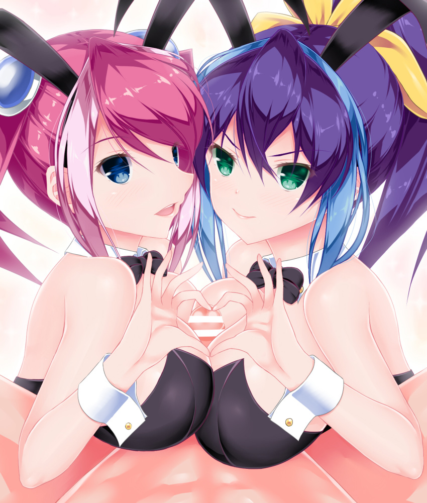 &gt;:) 2girls animal_ears aqua_eyes blue_eyes bow bowtie bracelet_girls breast_press breasts bunny_ears bunny_girl bunnysuit censored collar commentary_request hair_ornament heart heart_hands heart_hands_duo hetero highres hiiragi_yuzu karucho large_breasts looking_at_viewer multiple_girls multiple_paizuri open_mouth paizuri penis pink_hair pointless_censoring purple_hair serena_(yuu-gi-ou_arc-v) siblings sisters symmetrical_docking twins v-shaped_eyebrows wrist_cuffs yuu-gi-ou yuu-gi-ou_arc-v