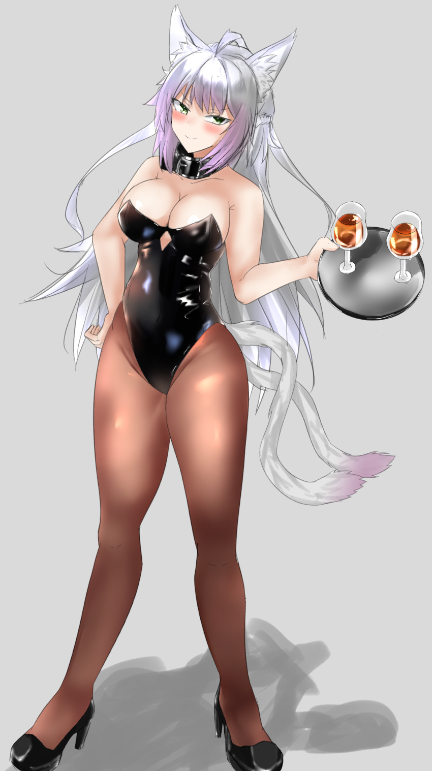 absurdres agrius_metamorphosis animal_ears atalanta_(alter)_(fate) atalanta_(fate) black_leotard brown_legwear cat_ears cat_tail collar cup drinking_glass fate/apocrypha fate/grand_order fate_(series) full_body green_eyes grey_background highres juniks kittysuit leotard long_hair looking_at_viewer multiple_tails pantyhose shadow silver_hair simple_background solo standing strapless strapless_leotard tail tray two_tails wine_glass