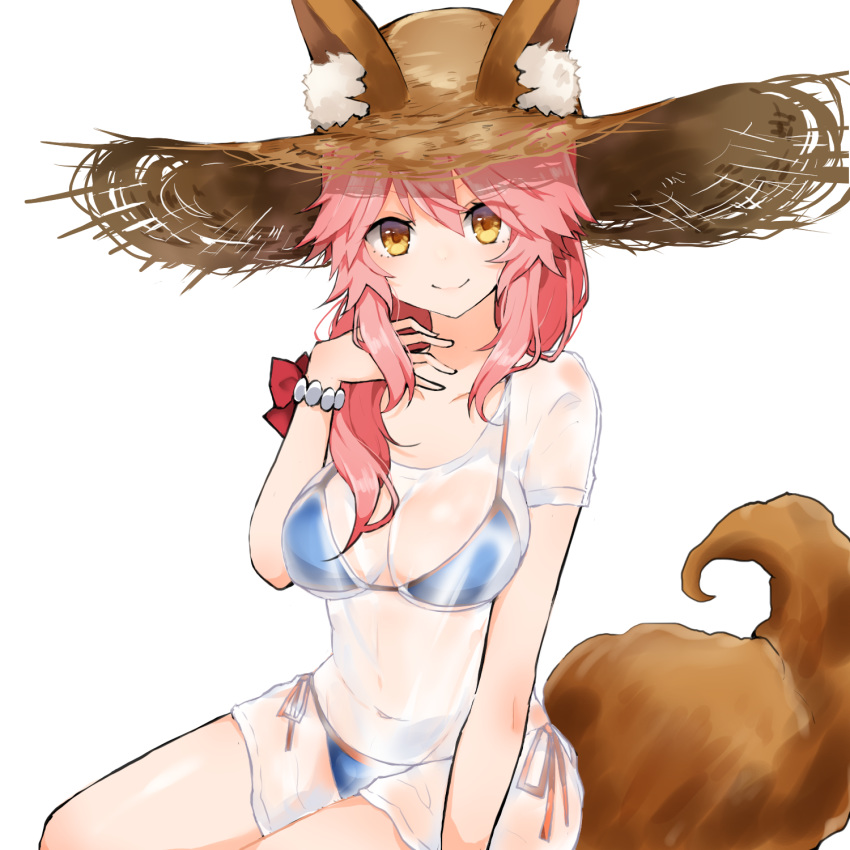 animal_ears bangs bikini bikini_under_clothes blue_bikini bracelet breasts brown_hat cleavage collarbone ears_through_headwear fate/grand_order fate_(series) fox_ears fox_tail hair_over_shoulder hand_on_own_chest hat highres jewelry large_breasts long_hair looking_at_viewer navel orange_ribbon pink_hair ribbon see-through shirt short_sleeves side-tie_bikini simple_background sitting solo stomach straw_hat string_bikini sun_hat swimsuit tail takae_(poupee_en_biscuit) tamamo_(fate)_(all) tamamo_no_mae_(swimsuit_lancer)_(fate) tareme thighs wet wet_clothes wet_shirt white_background white_shirt yellow_eyes
