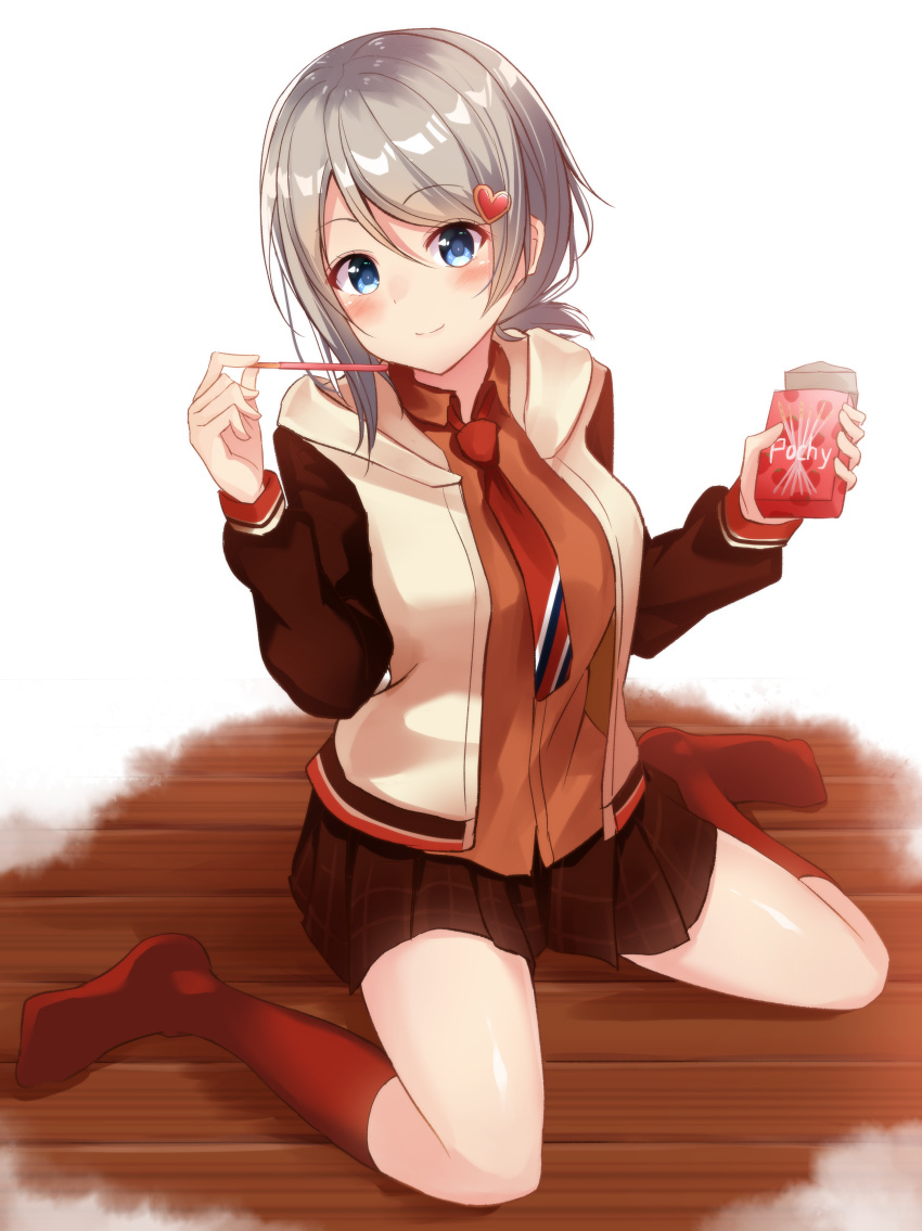 absurdres blue_eyes blush box brown_hair food grey_hair highres holding holding_box holding_pocky jacket japanese_clothes long_sleeves looking_at_viewer love_live! love_live!_school_idol_festival love_live!_sunshine!! maroon_legwear miniskirt nail_polish necktie no_shoes plaid plaid_skirt pleated_skirt pocky red_nails sitting_on_floor skirt smile socks solo sonoko_neko watanabe_you wooden_floor