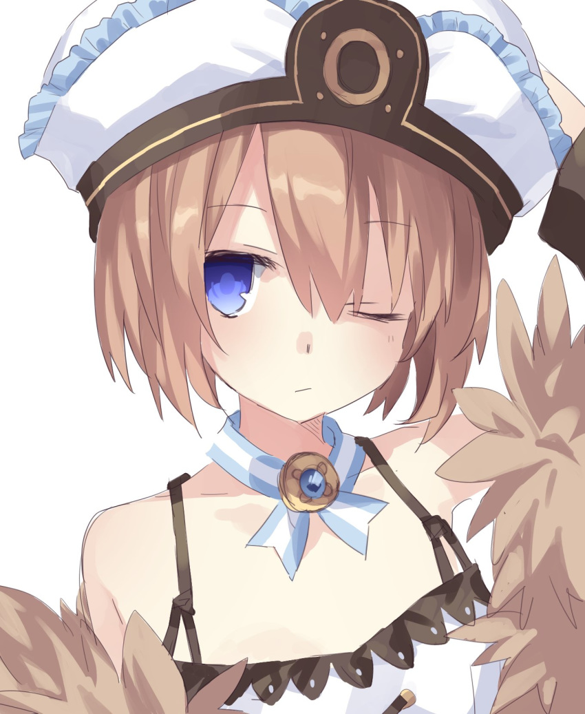 ;/ bare_shoulders blanc blancpig_yryr blue_eyes brown_hair coat commentary_request dress fur_trim hair_between_eyes hand_on_own_head hat highres looking_at_viewer neptune_(series) one_eye_closed short_hair simple_background solo spaghetti_strap upper_body white_background white_dress