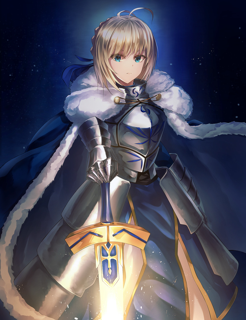 ahoge armor armored_dress artoria_pendragon_(all) blonde_hair blue_dress blue_eyes dress excalibur fate/stay_night fate_(series) gauntlets hair_between_eyes hand_on_hilt highres limit_x saber short_hair solo standing