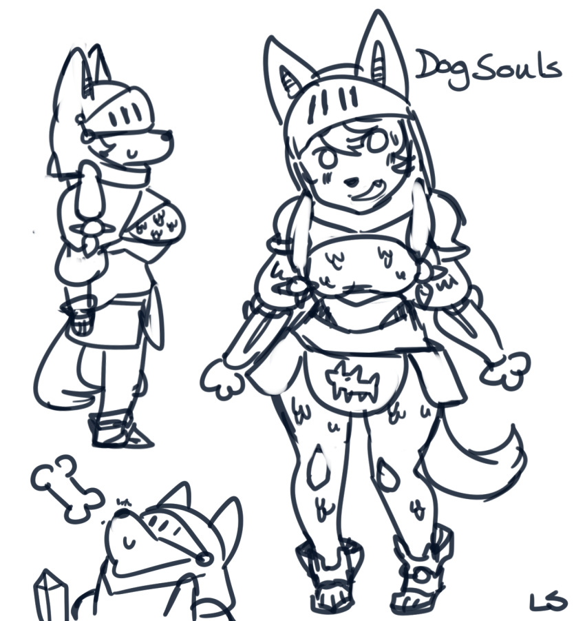 angel_(lightsource) anthro armor bone bracers breasts canine chainmail dog female helmet hi_res lightsource looking_at_viewer mammal melee_weapon monochrome sketch smile solo sweat sword weapon