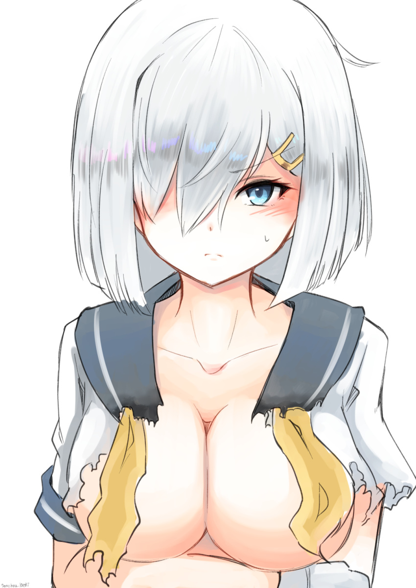 1girl blue_eyes blush breasts commentary_request eyebrows_visible_through_hair hair_between_eyes hair_ornament hair_over_one_eye hairclip hamakaze_(kantai_collection) highres kantai_collection large_breasts looking_at_viewer medium_hair school_uniform serafuku shirt silver_hair simple_background solo torn_clothes torn_shirt white_background white_shirt
