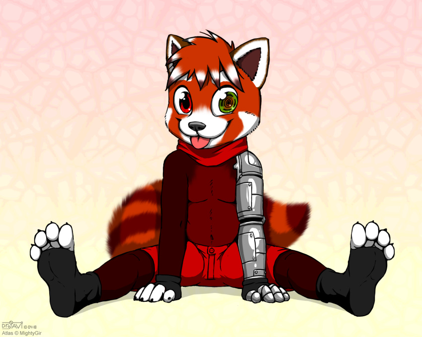 2018 anthro clothed clothing cub cybernetics drjavi machine male mammal red_panda robot_arm simple_background smile solo young