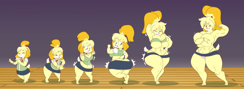 animal_crossing big_breasts big_butt breast_expansion breasts butt canine covering covering_nipples covering_self dog female goblinhordestudios growth huge_breasts huge_butt isabelle_(animal_crossing) mammal muscle_growth muscular muscular_female nintendo ponytail shi_tzu solo video_games weight_gain