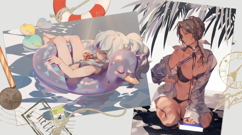 afloat alternate_costume alternate_hairstyle bandages bangs between_breasts bikini black_bikini blue_bikini blue_eyes blush book bookmark bracelet breast_press breasts choker closed_mouth coin collared_shirt cup drinking drinking_straw eyewear_on_head frilled_bikini frills girls_frontline hair_between_eyes hair_over_shoulder half-closed_eyes hand_on_hip holding holding_cup innertube jewelry large_breasts lee-enfield_(girls_frontline) lifebuoy long_hair long_sleeves looking_at_viewer looking_away looking_back medal multiple_girls navel necklace off_shoulder open_clothes open_shirt palm_tree ponytail postage_stamp postcard reclining rei_(sanbonzakura) ribeyrolles_1918_(girls_frontline) rope rubber_duck sash see-through seiza shirt sidelocks sitting small_breasts stomach sunglasses swimsuit tan thighs tree very_long_hair water water_drop wavy_hair wet wet_clothes wet_shirt white_hair white_shirt
