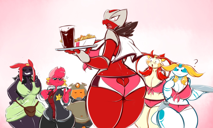 2016 ? aijou anthro averyshadydolphin beverage big_breasts boobies_uniform breasts butt calamity claudia_(averyshadydolphin) clothing cosplay dragon eyewear female food fries group hair huge_breasts jou looking_at_viewer markings open_mouth simple_background sokajou space_dandy thick_thighs thumbs_up vixie_(averyshadydolphin) voluptuous waiter wide_hips yaojou