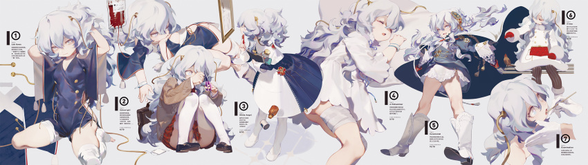 :d alternate_costume animal aran_sweater ass bag bandaged_leg bandages bare_legs bench bird black_gloves blood blood_bag blue_eyes blush boots braid casual closed_eyes coat disembodied_limb dress epaulettes floating_hair french_flag full_body fur-trimmed_sleeves fur_trim girls_frontline gloves grey_background hair_between_eyes hair_ornament hairpin handbag hands highres hospital_gown juliet_sleeves knee_boots legs_apart loafers long_hair long_sleeves looking_at_viewer lying medal military military_uniform multiple_views no_pants on_side open_mouth pantyhose pillow plaid plaid_skirt puffy_sleeves red_gloves rei_(sanbonzakura) ribeyrolles_1918_(girls_frontline) school_uniform shirt shoes short_dress side_braid simple_background sitting skirt sleeping smile standing striped striped_legwear sweater thighhighs tsurime uniform vertical-striped_legwear vertical_stripes very_long_hair white_coat white_dress white_footwear white_gloves white_hair white_legwear white_shirt winter_clothes winter_coat wristband