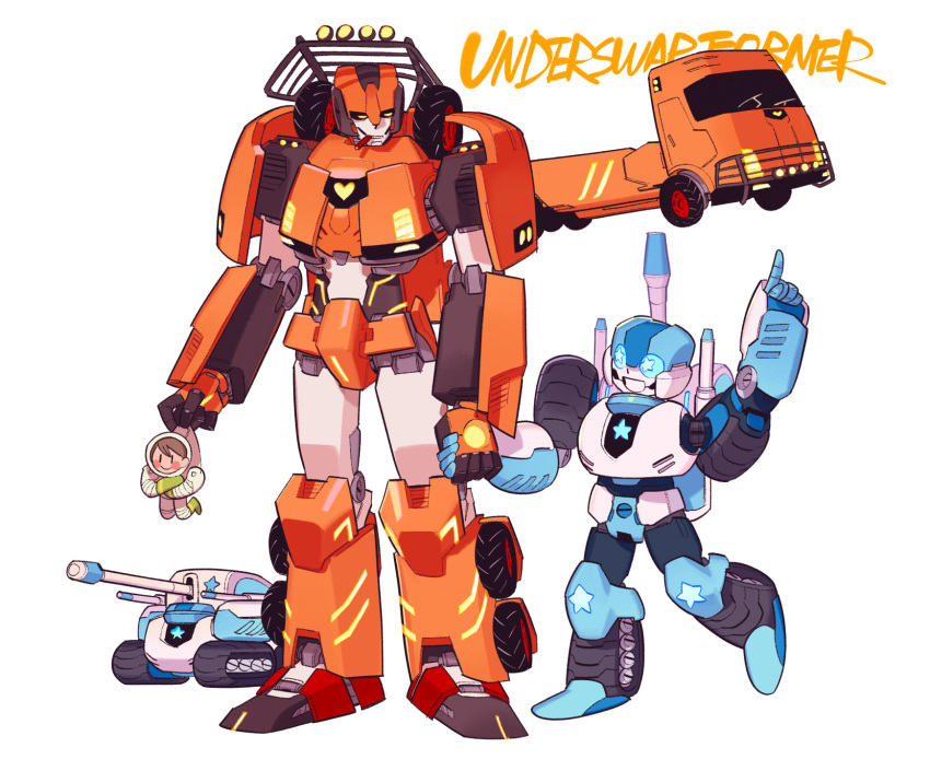 &lt;3 2017 alien alternate_universe ambiguous_gender autobot blackggggum blue_eyes blush chara_(undertale) child cigar clothed clothing cybertronian digital_media_(artwork) group gun human humanoid larger_male living_machine machine male mammal not_furry open_mouth papyrus_(undertale) ranged_weapon robot sans_(undertale) simple_background size_difference smaller_ambiguous smaller_male smile standing star tank transformers truck underswap undertale vehicle video_games weapon yellow_eyes young