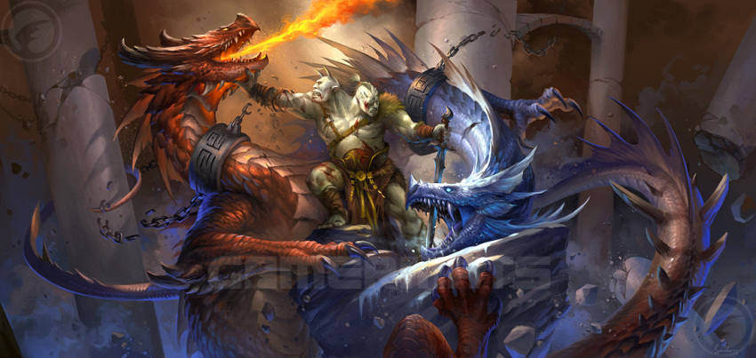 2_heads blue_scales clothed clothing detailed_background dragon feral fire group holding_object holding_weapon magic_the_gathering male melee_weapon multi_head open_mouth red_scales sandara scales spines standing sword teeth weapon