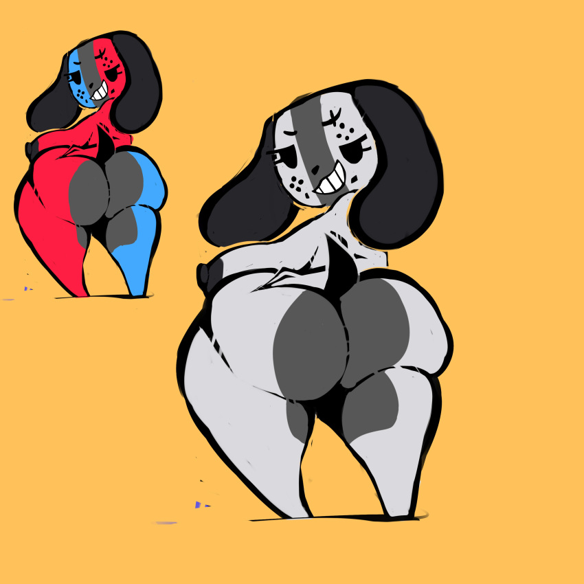 2017 alternate_color animate_inanimate anthro big_breasts big_butt breasts butt butt_focus canine digital_media_(artwork) dog eyelashes featureless_feet female grin half-closed_eyes hand_on_butt hi_res huge_breasts huge_butt looking_back mammal nintendo nintendo_switch nipples short_stack simple_background smile solo switch_dog video_games wolflance yellow_background