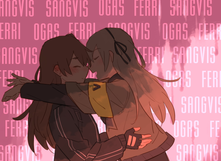 blush closed_eyes ear_blush fingerless_gloves from_side girls_frontline gloves hair_ribbon hug long_hair long_sleeves multiple_girls open_mouth pink_background ribbon shadow siblings sisters smile ump40_(girls_frontline) ump45_(girls_frontline) upper_body xinhao yuri