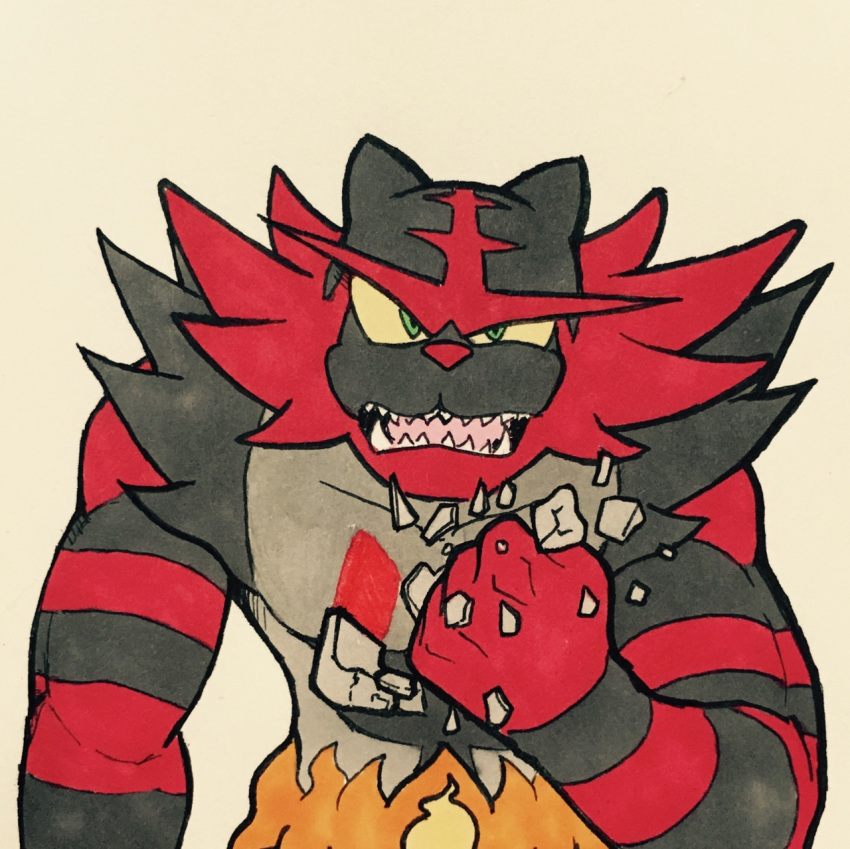 2017 ambiguous_gender angry anthro biceps biped black_fur black_stripes breaking bust_portrait cheek_tuft crossover dragon_ball english_text feline fire fist front_view frown fur green_eyes grey_fur hatching_(technique) humanoid_hands icon incineroar looking_up mammal marker_(artwork) meme mfanjul mixed_media multicolored_fur muscular muscular_ambiguous nintendo nude open_mouth over_9000 parody pen_(artwork) pink_tongue pok&eacute;mon pok&eacute;mon_(species) portrait raised_eyebrow reaction_image red_fur red_nose red_stripes shadow sharp_teeth shoulder_tuft simple_background solo striped_fur stripes teeth text tongue toony traditional_media_(artwork) tuft unibrow vegeta video_games white_background yelling yellow_sclera
