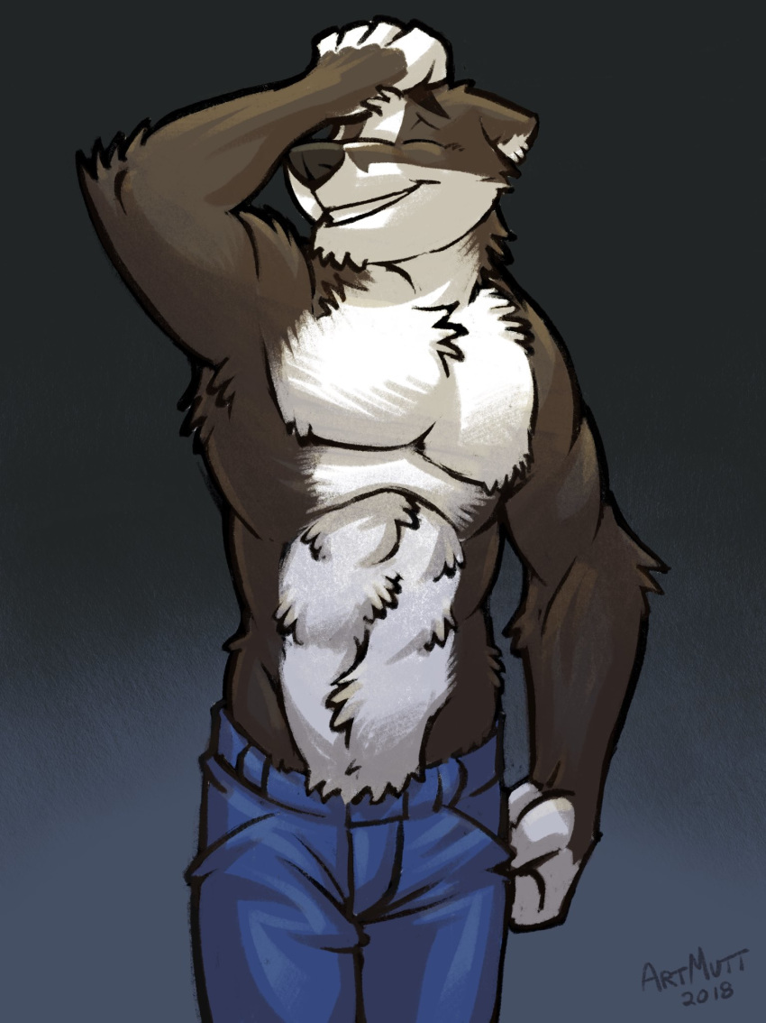 2018 anthro badger clothed clothing digital_media_(artwork) fur k-9 male mammal muscular muscular_male mustelid pants simple_background smile solo topless