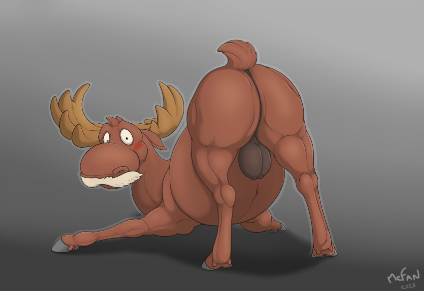 antlers anus ass_up balls blush brown_fur butt cervine facial_hair feral fur grey_background hair hooves horn looking_at_viewer looking_back male mammal mcfan moose mustache niles_d_moose nude presenting presenting_anus presenting_hindquarters short_tail simple_background solo white_hair