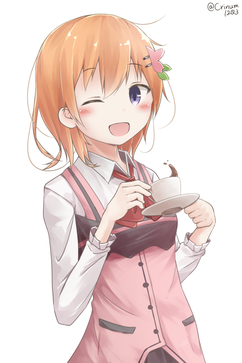 ;d absurdres bangs black_skirt blush coffee collared_shirt commentary_request cup eyebrows_visible_through_hair gochuumon_wa_usagi_desu_ka? hair_between_eyes hair_ornament hairclip hamayuu_(litore) highres holding holding_cup holding_saucer hoto_cocoa light_brown_hair looking_at_viewer one_eye_closed open_mouth pink_vest purple_eyes rabbit_house_uniform saucer shirt simple_background skirt smile solo teacup twitter_username uniform upper_body vest white_background white_shirt